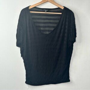 Bebe Black Semi Sheer V Neck Dolman Short Sleeves Pullover Top